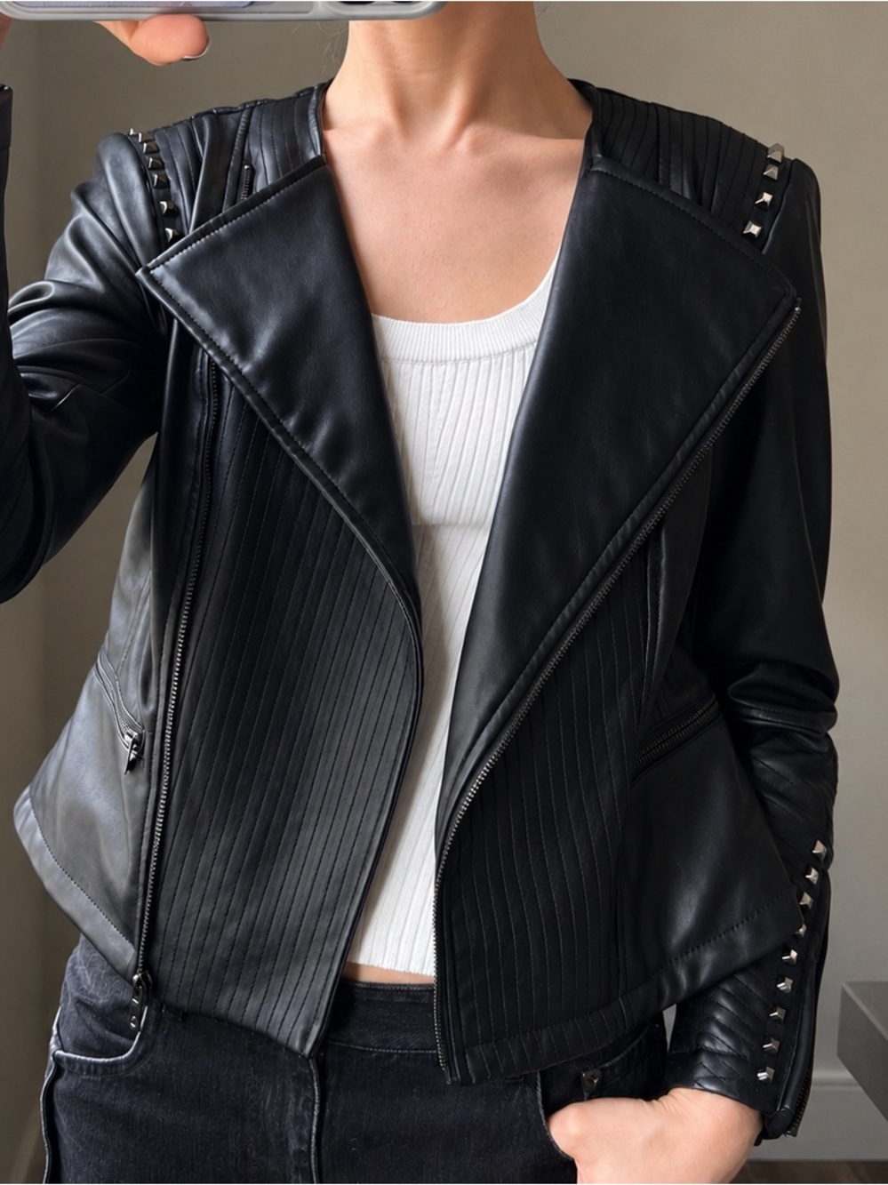 Black Studded Vegan Leather Moto Jacket